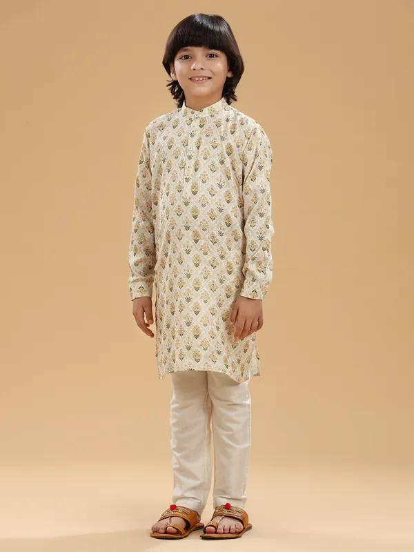 Printed silk boys kurta suit in cream