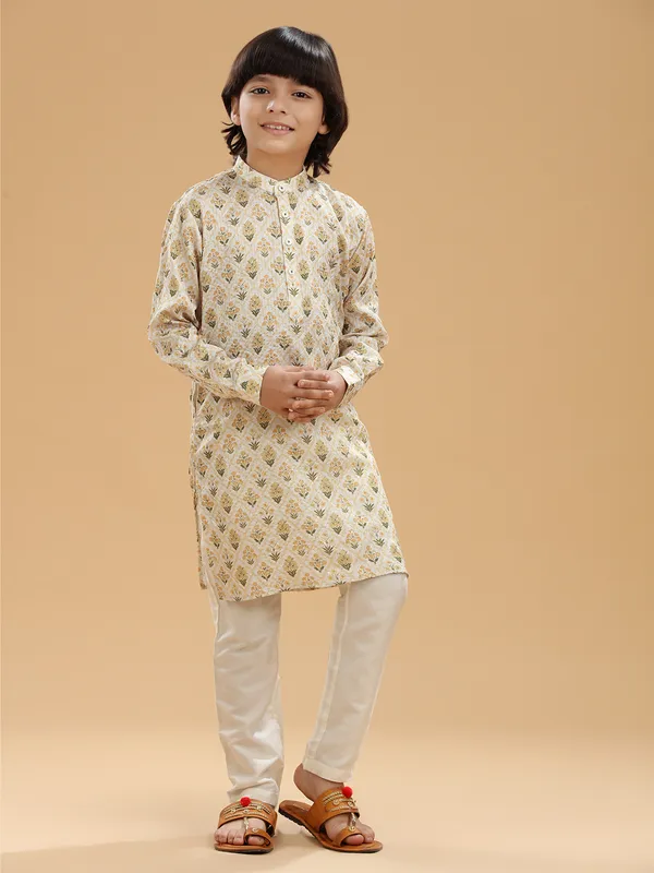 Printed silk boys kurta suit in cream