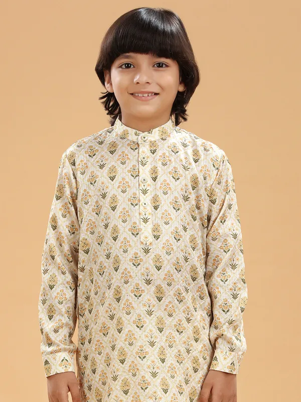 Printed silk boys kurta suit in cream