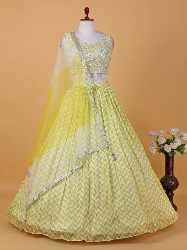 Light yellow printed soft organza lehenga choli