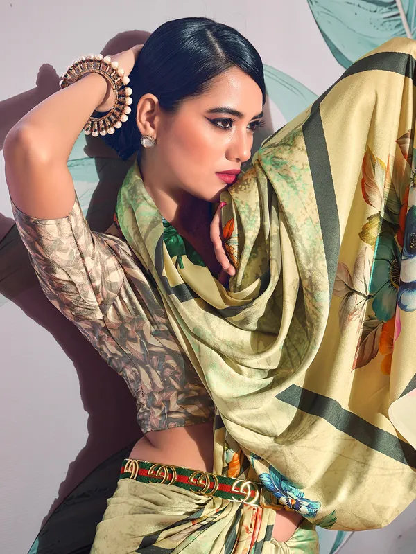 Light yellow satin crepe digital printed saree