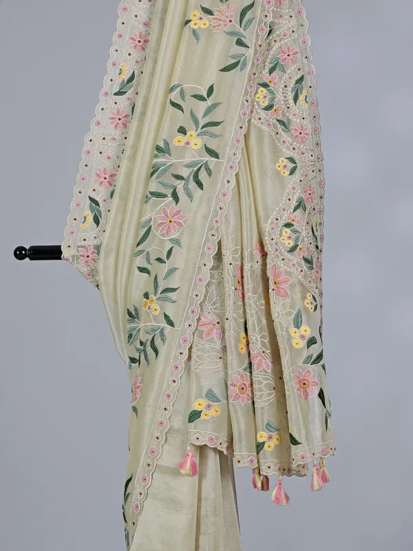Light yellow semi tissue saree with thread elegance