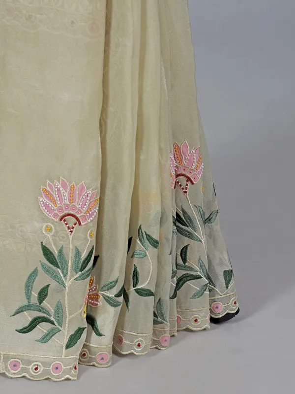 Light yellow semi tissue saree with thread elegance