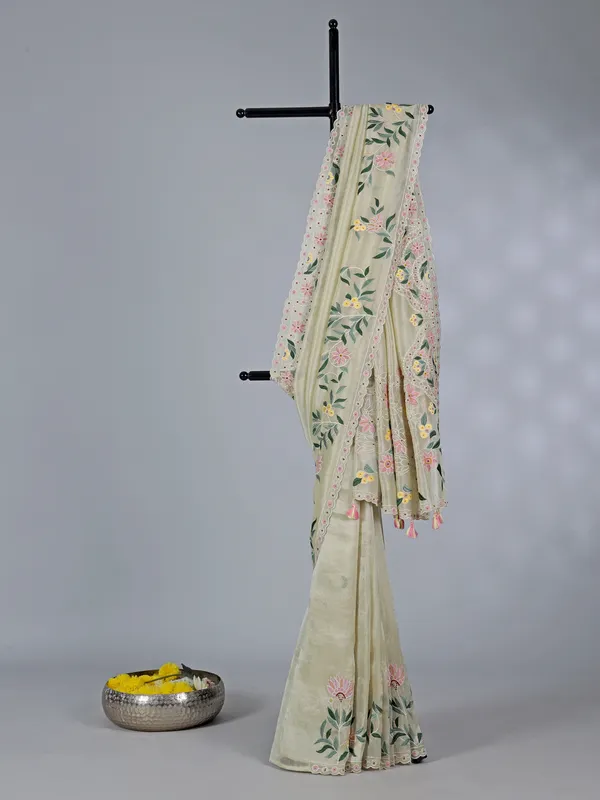 Light yellow semi tissue saree with thread elegance