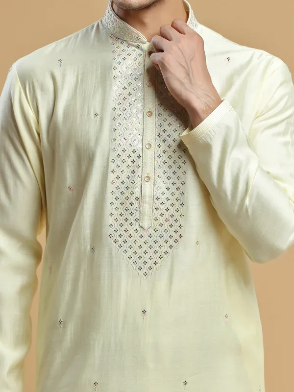 Light yellow silk festive wear kurta suit