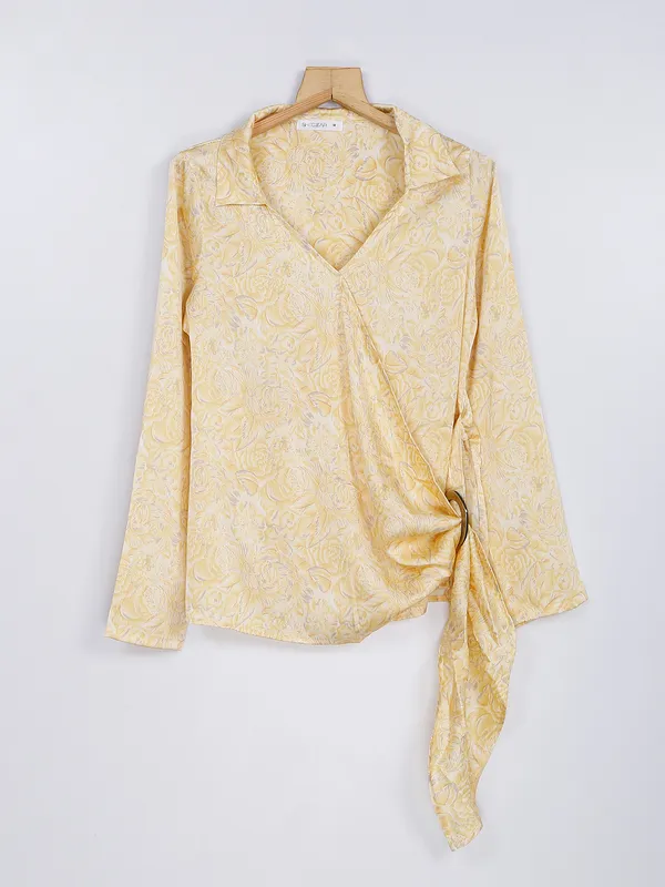 Light yellow silk printed top