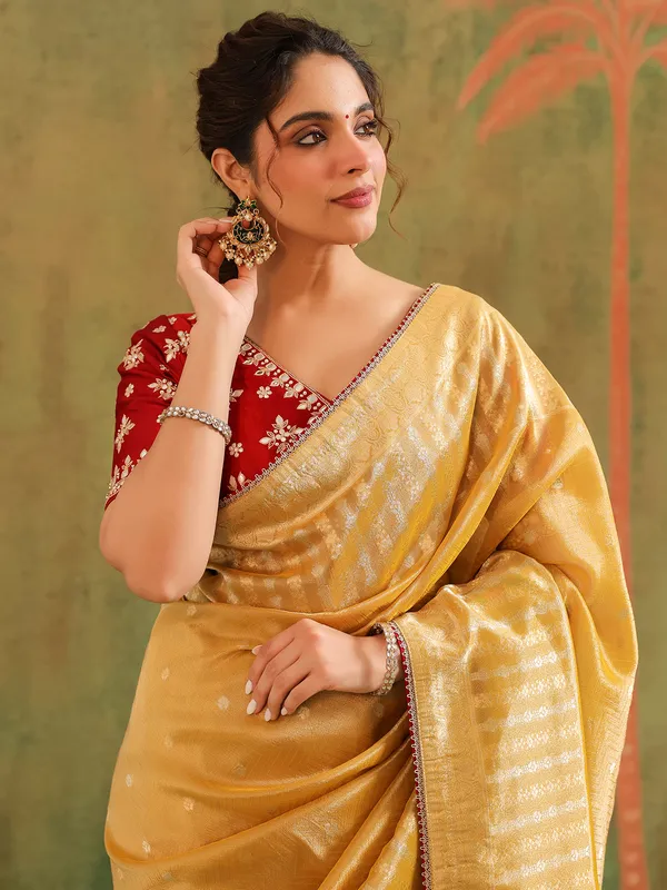Light yellow silk saree with zari shine