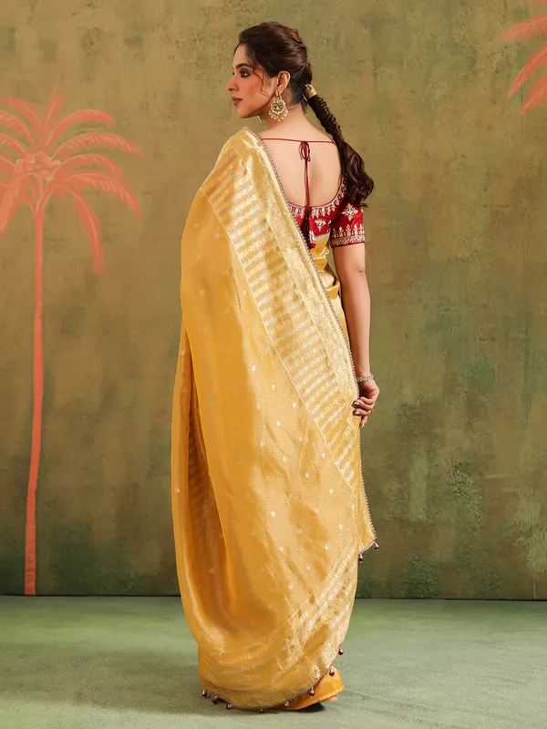 Light yellow silk saree with zari shine