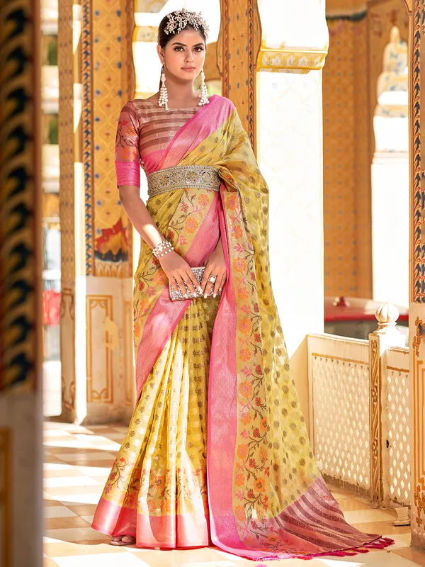 Light yellow silk saree with zari weaving