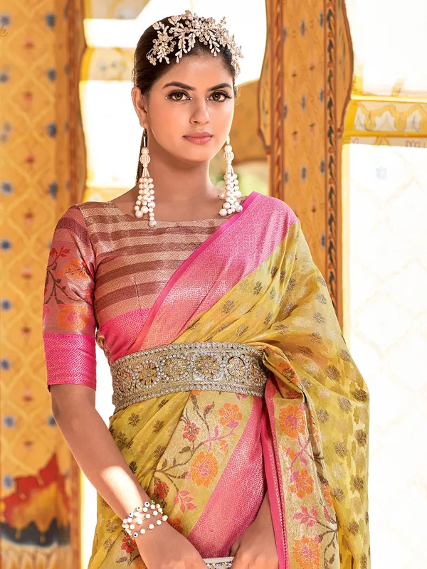 Light yellow silk saree with zari weaving