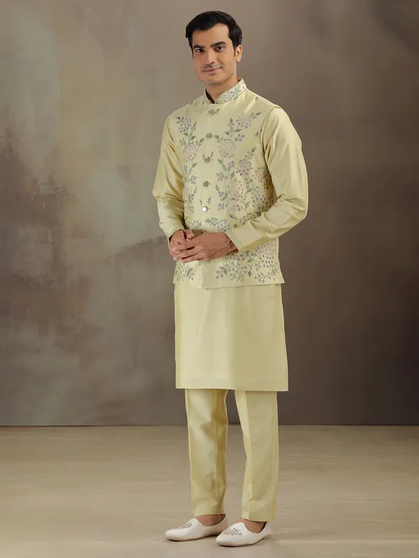 Light yellow silk waistcoat set for men