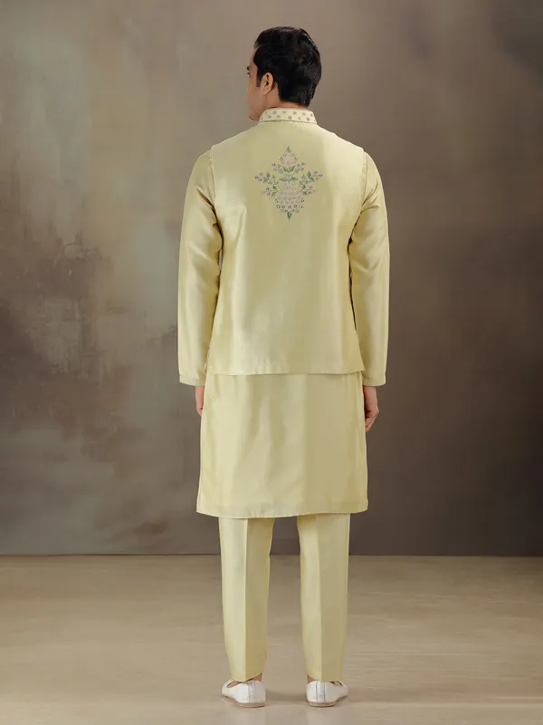 Light yellow silk waistcoat set for men