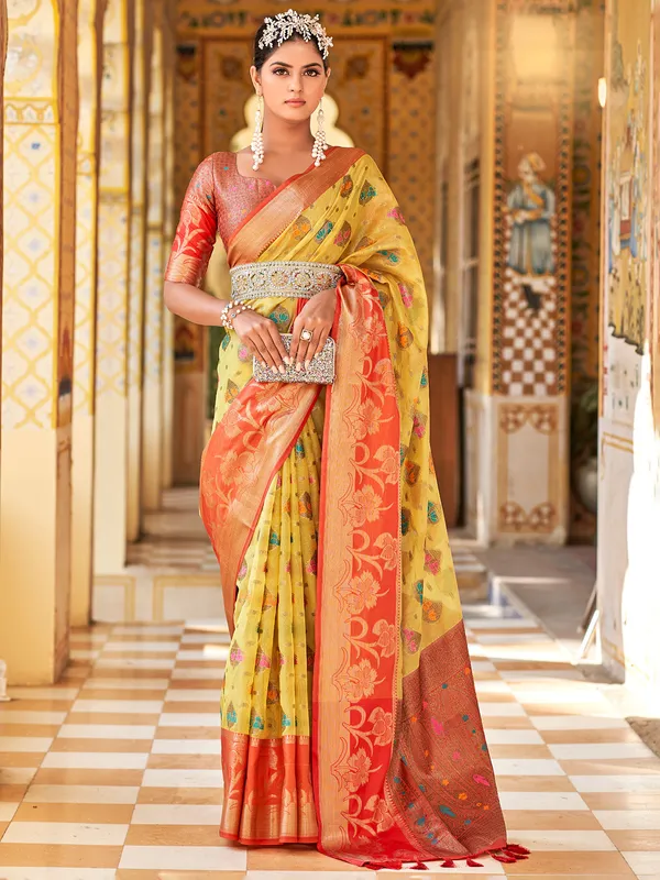 Light yellow silk zari weaving saree