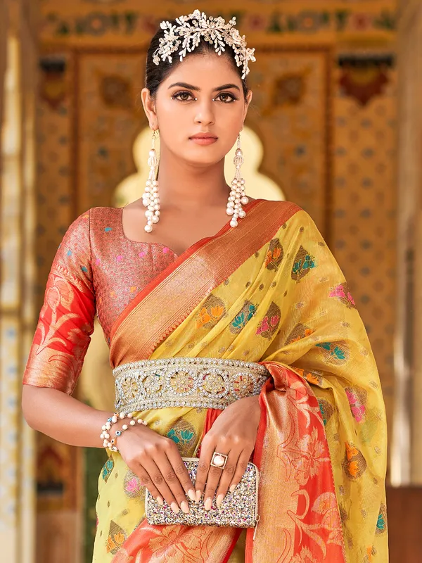 Light yellow silk zari weaving saree