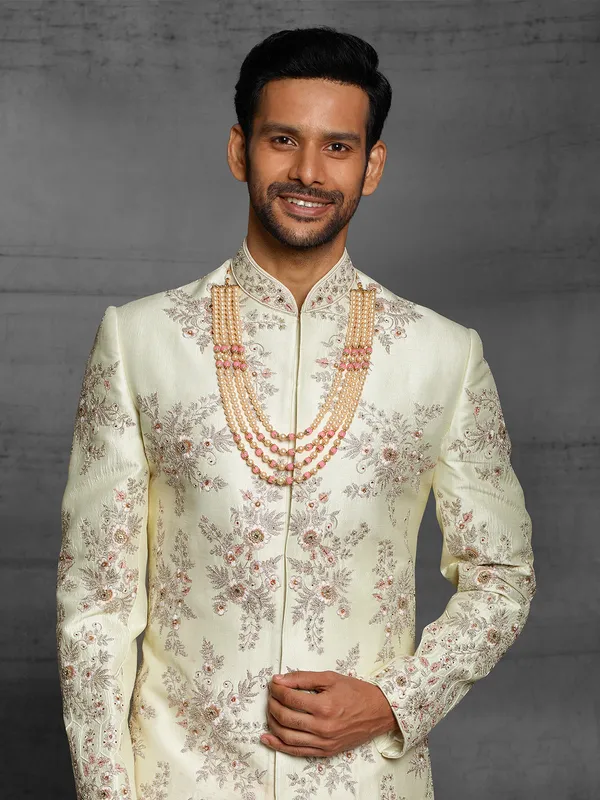 Light yellow wedding wear sherwani in raw silk fabric