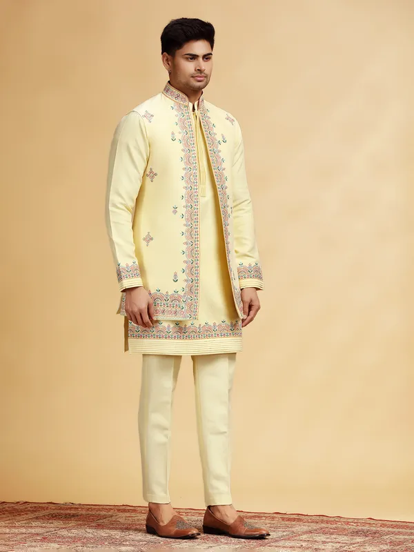 Light Yellow Wedding Wear Waistcoat Set In Silk G3 MWCS476 light-yellow-wedding-wear-waistcoat-set-in-silk-g3-mwcs476