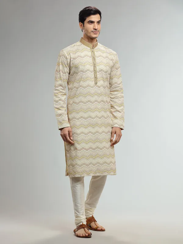 Light yellow zig zag silk  Men Kurta pajama