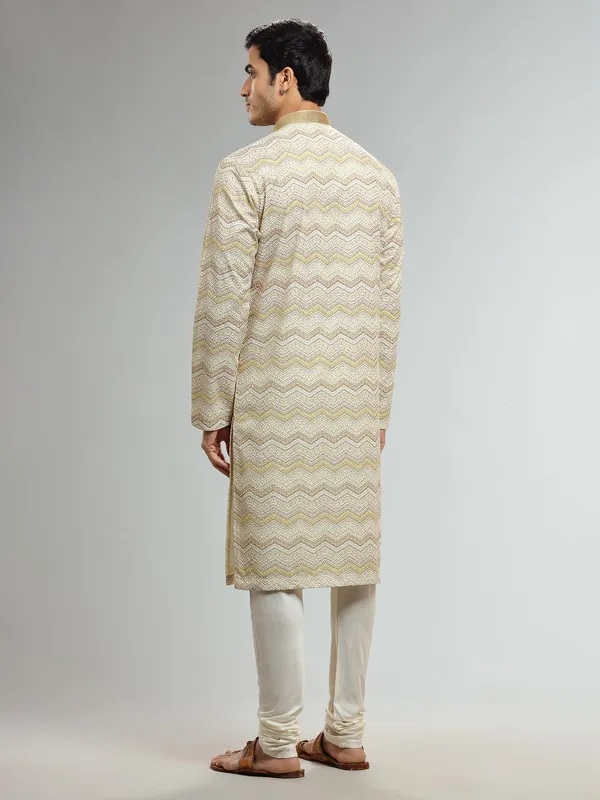 Light yellow zig zag silk  Men Kurta pajama