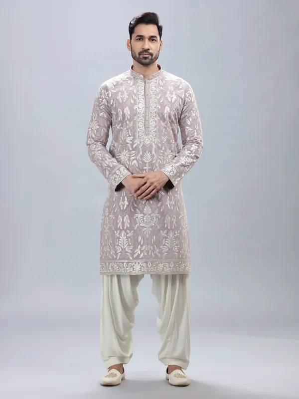 Lilac cotton silk kurta set with matching patiyala
