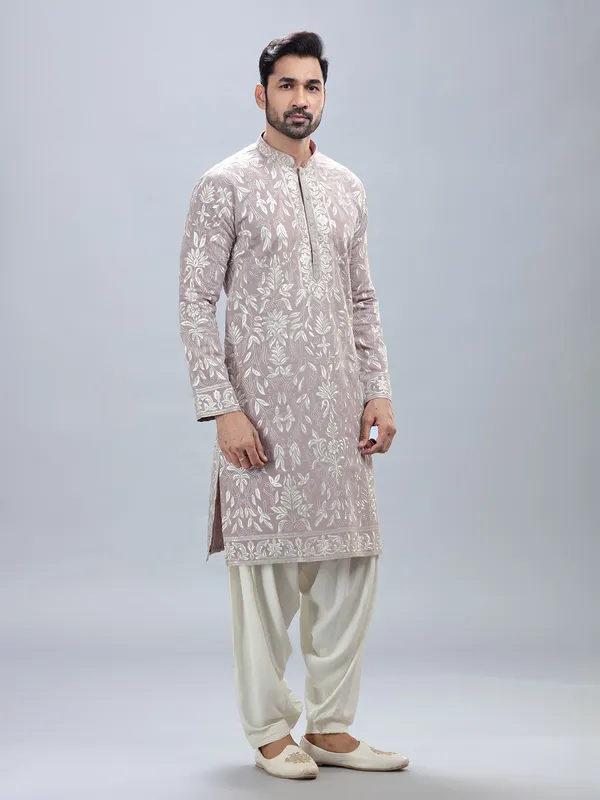 Lilac cotton silk kurta set with matching patiyala