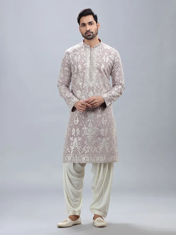 Lilac cotton silk kurta set with matching patiyala