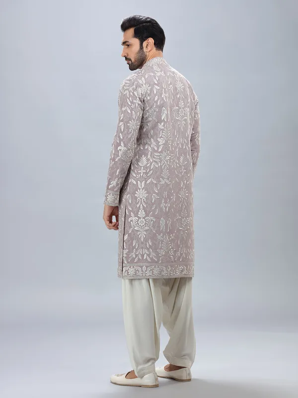 Lilac cotton silk kurta set with matching patiyala