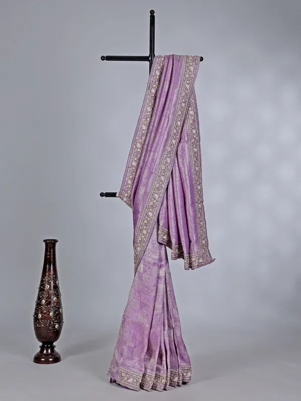 Lilac kanjivaram silk saree with heavy zardosi work