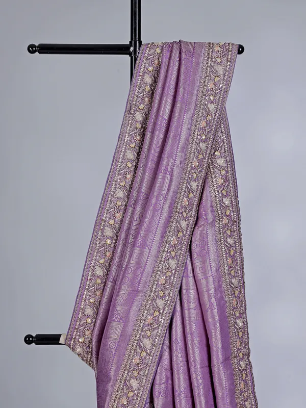 Lilac kanjivaram silk saree with heavy zardosi work