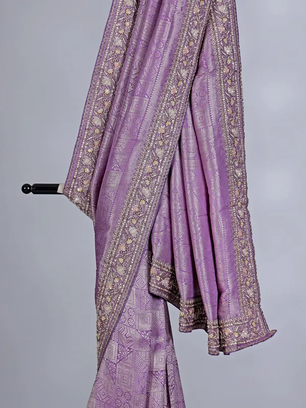Lilac kanjivaram silk saree with heavy zardosi work