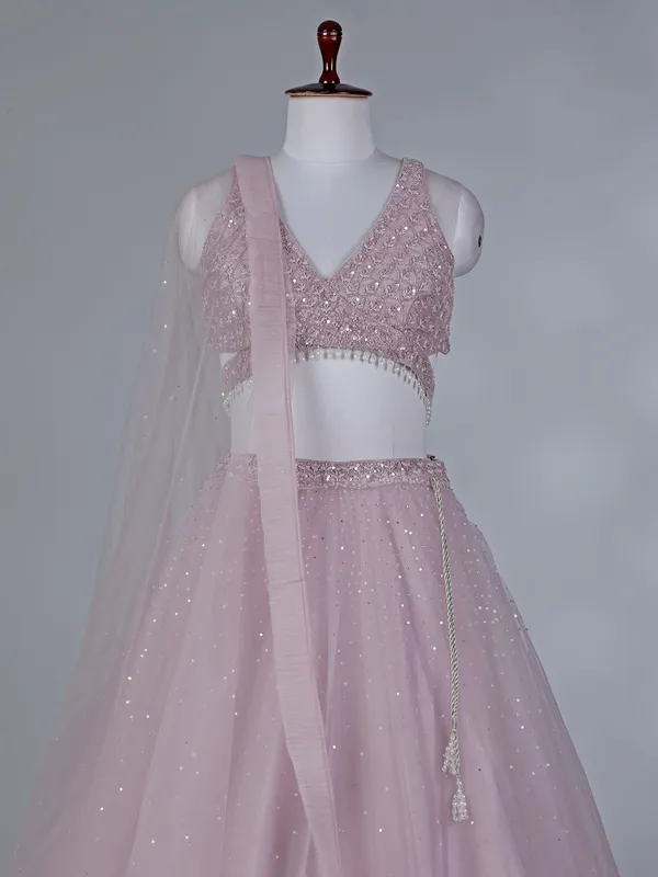 Lilac net lehenga choli with stone work