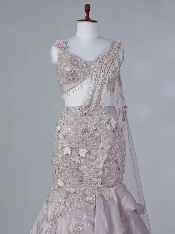 Lilac organza lehenga choli with patch work