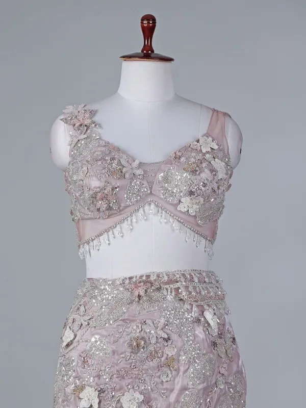 Lilac organza lehenga choli with patch work