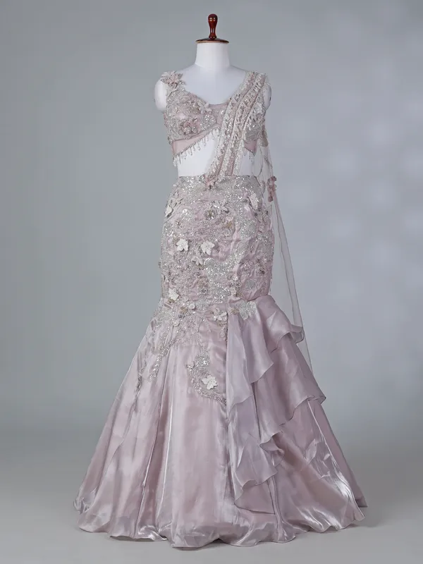 Lilac organza lehenga choli with patch work