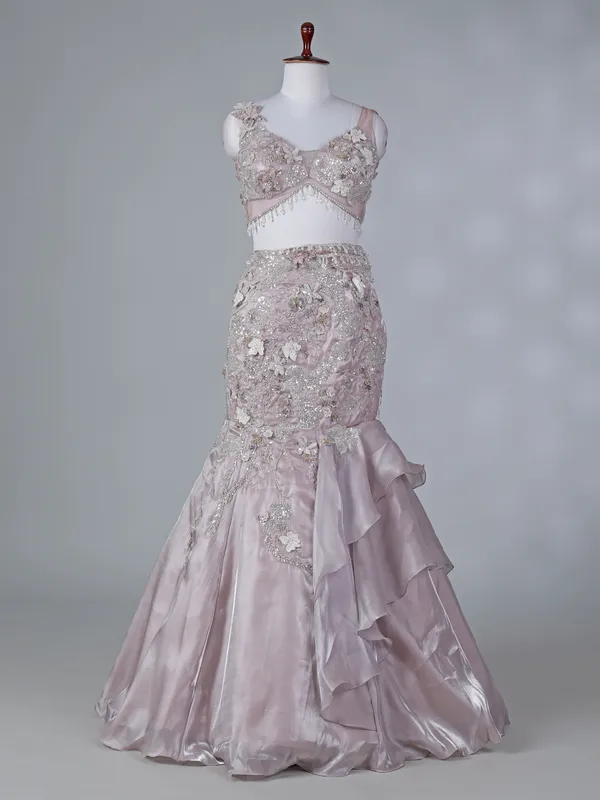 Lilac organza lehenga choli with patch work