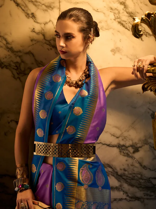 Lilac purple banarasi silk saree with zari weaving