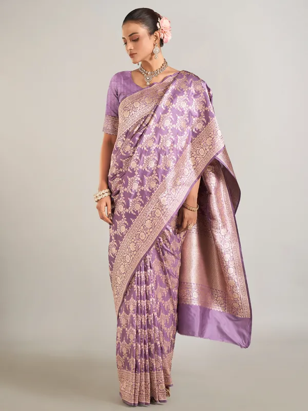 Lilac purple banarasi silk wedding wear saree