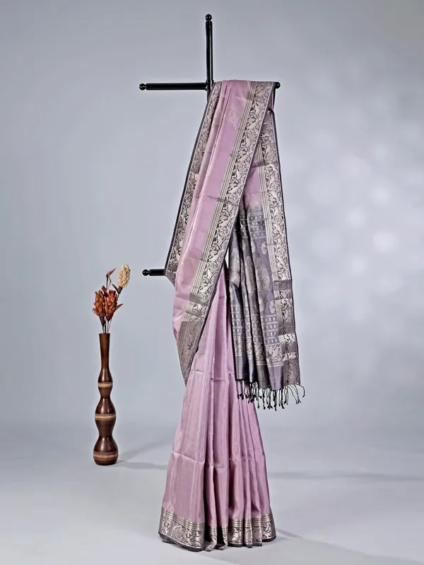 Lilac purple banglori silk saree with fine zari accents