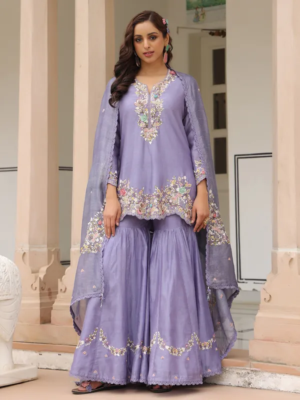 Lilac purple chanderi silk sharara suit