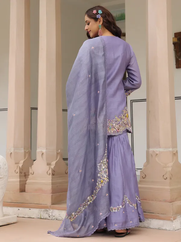 Lilac purple chanderi silk sharara suit