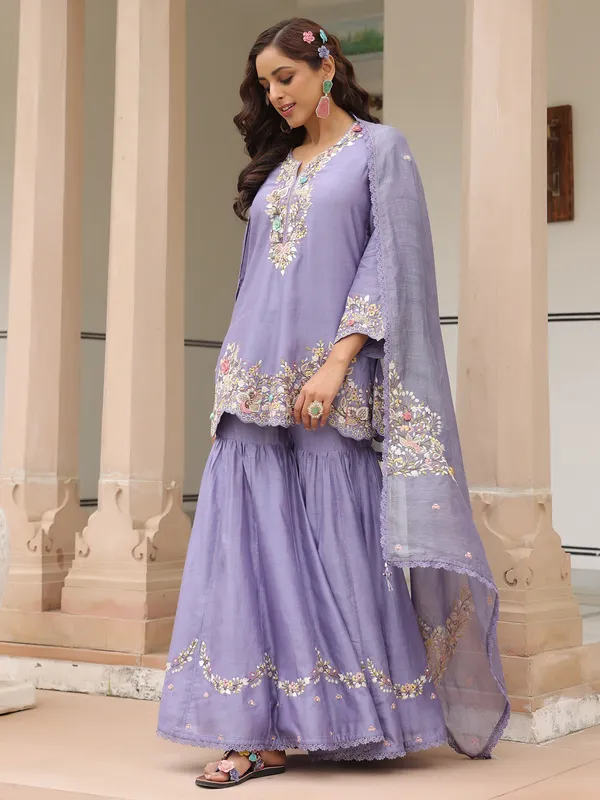 Lilac purple chanderi silk sharara suit
