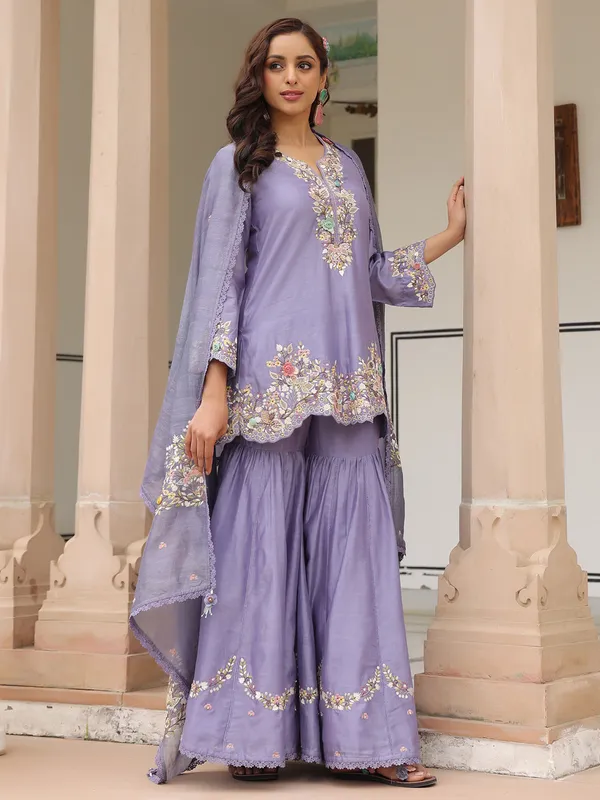 Lilac purple chanderi silk sharara suit