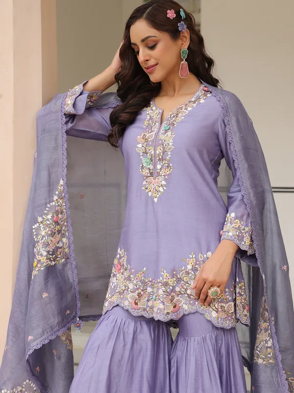 Lilac purple chanderi silk sharara suit