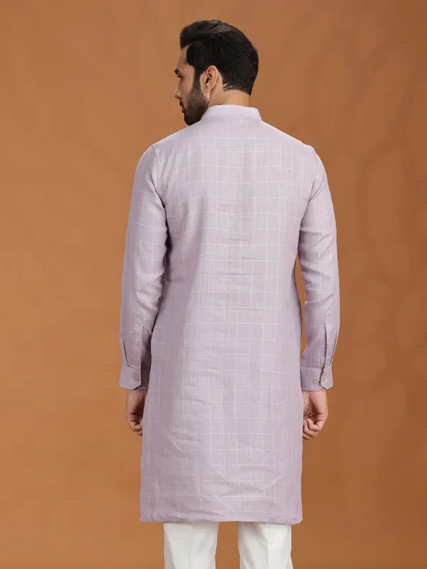 Lilac purple checked linen kurta for festival wear