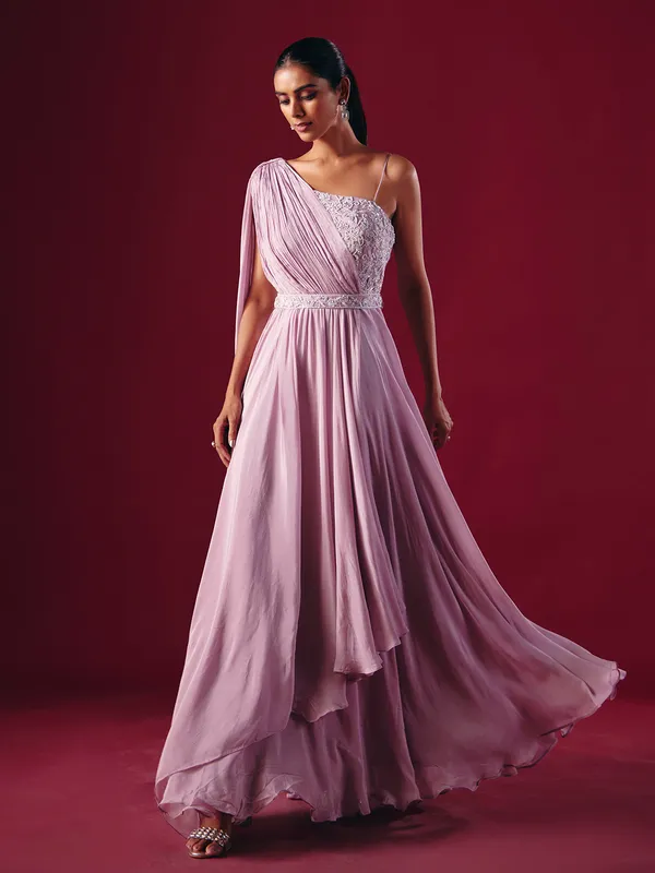 Lilac purple chiffon designer party wear gown