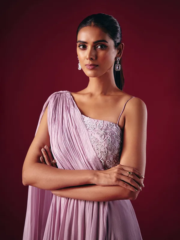 Lilac purple chiffon designer party wear gown