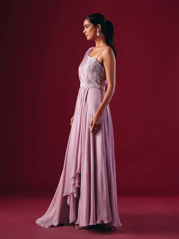 Lilac purple chiffon designer party wear gown