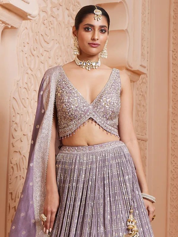 Lilac purple chinnon wedding wear lehenga choli