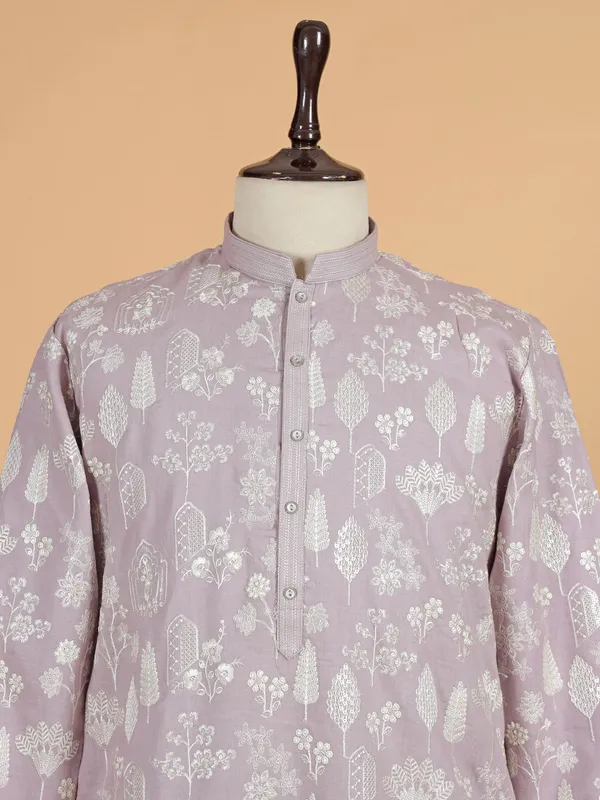 Lilac purple cotton embroidery kurta suit for men