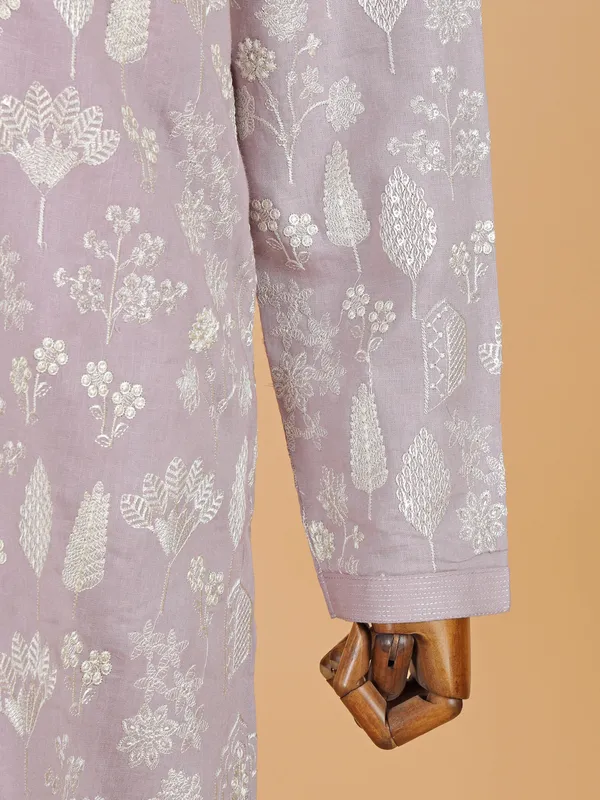 Lilac purple cotton embroidery kurta suit for men