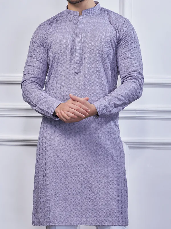 Lilac purple cotton festival wear kurta suit